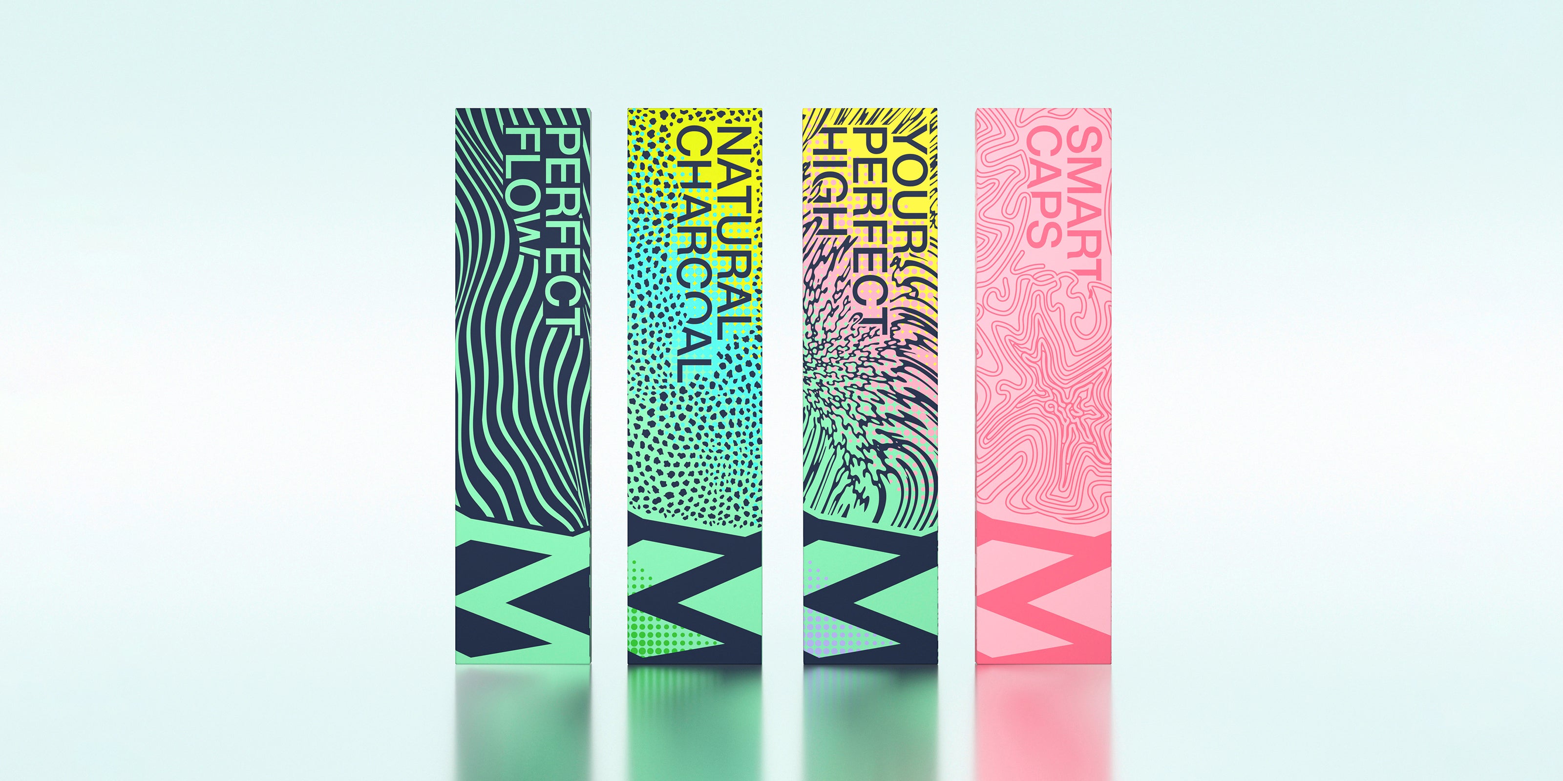 Four tall rectangular product boxes standing upright on a light gradient background. Each box has a different colorful abstract pattern and text: dark green 'PERFECT FLOW', teal 'NATURAL CHARCOAL', yellow-to-purple gradient 'HEXAGON HIGHER', and pink 'SMART CAPS'.