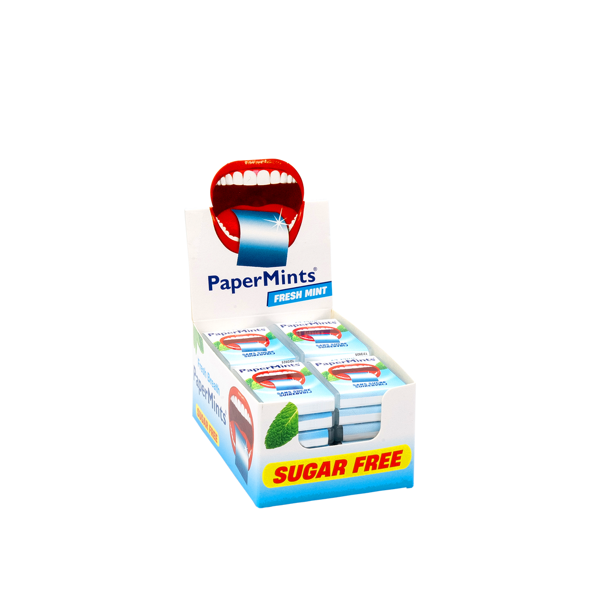 A PaperMints Fresh Mint Sugar Free display box containing multiple individual packs of mints, shown on a plain white background.
